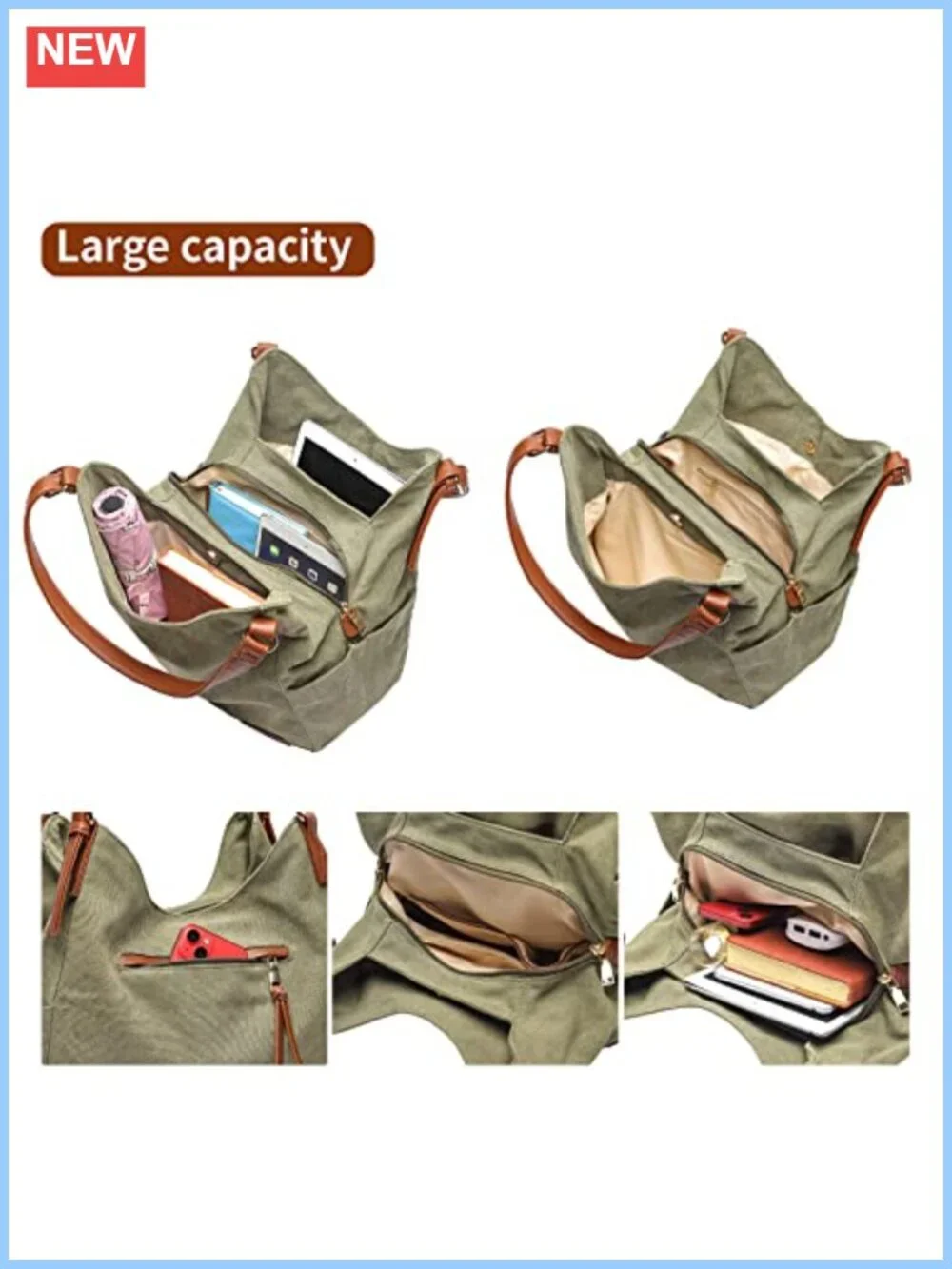 Canvas Hobo Purse Multi Pocket Tote Shopper Shoulder Bag Top Handle Handbag